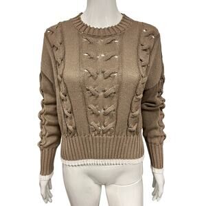LORENA ANTONIAZZI Beige Cotton Sequin Knit Accent Crew Neck Sweater EU 42 US 12